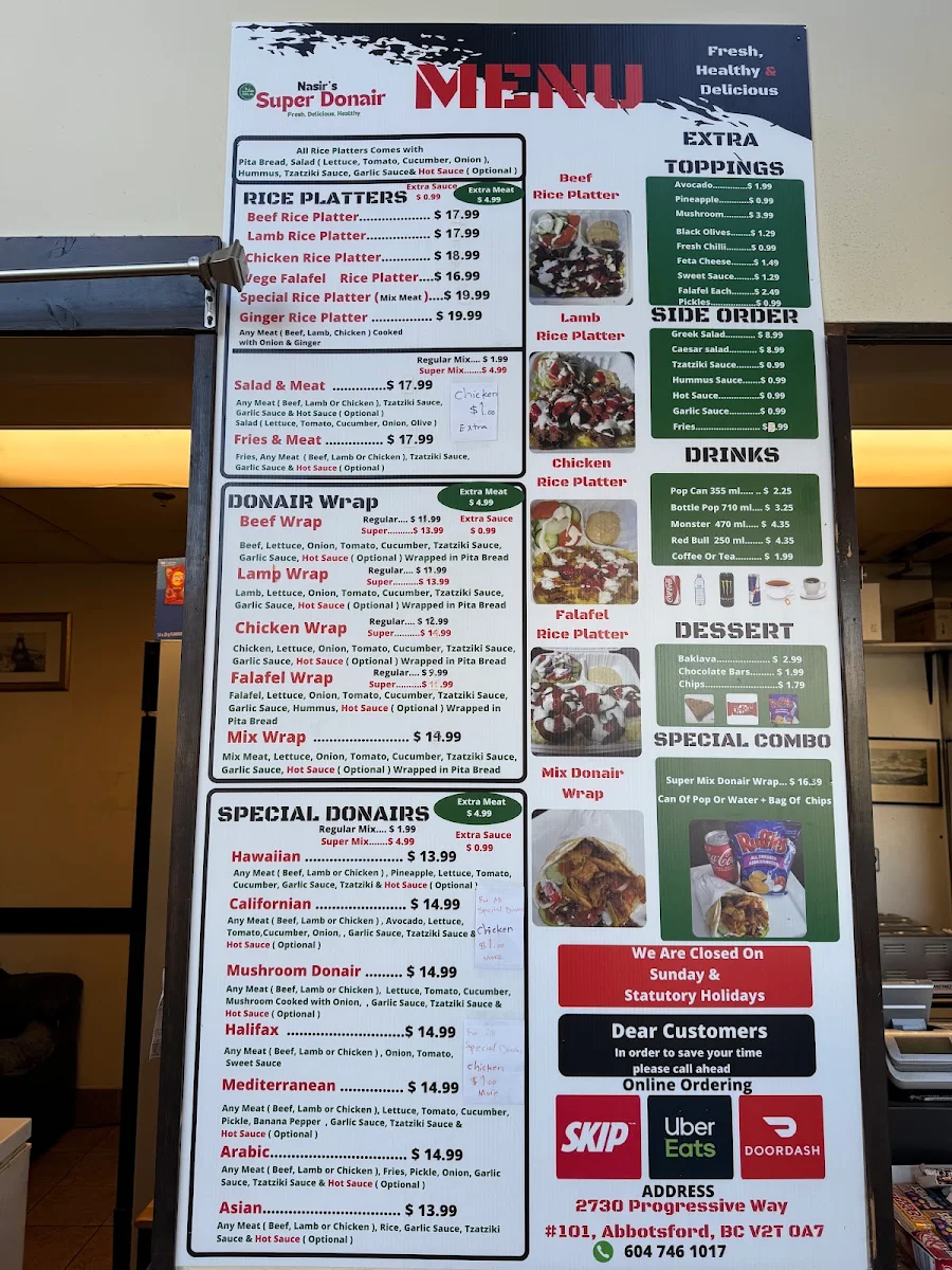 Menu, Nasir's Super Donair (Halal)حلال