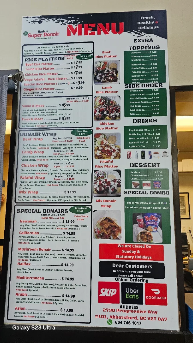 Menu, Nasir's Super Donair (Halal)حلال