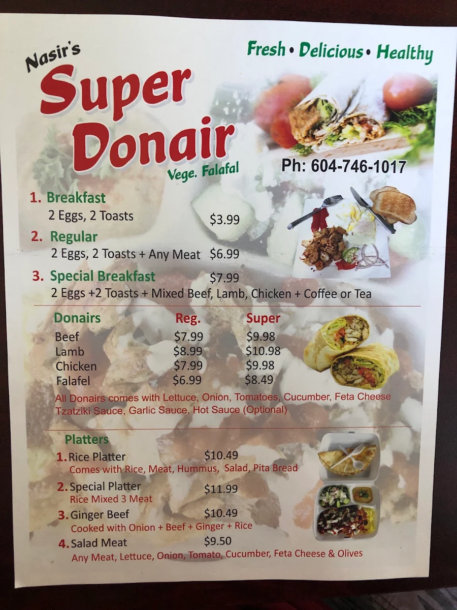 Menu, Nasir's Super Donair (Halal)حلال