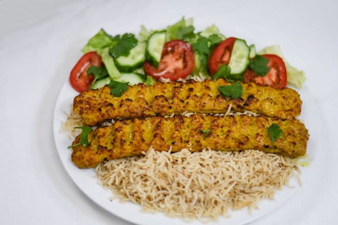 #37 - 2-chicken  kofta kebob with rice and salad