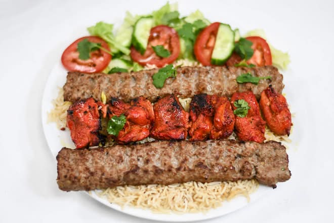 #36  2 beef kofta keboob 1 chicken tendoori kebob with rice and salad