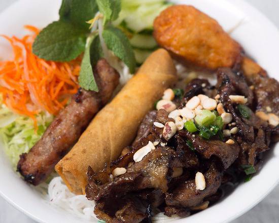 36. Spring Rolls, BBQ Pork Skewers, Grilled Pork Slices, Grilled Minced Prawn on Sugar Cane with Vermicelli