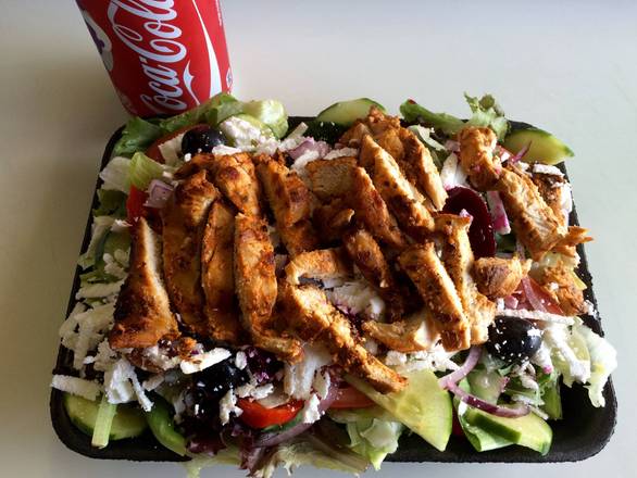 Large Chicken Breast Greek Salad  and Canned Pop