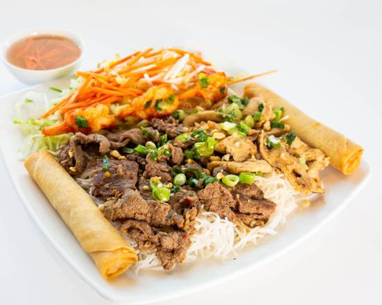 30. Grilled Shrimp, Satay Beef, Satay Chicken, and Spring Roll (2 pcs)