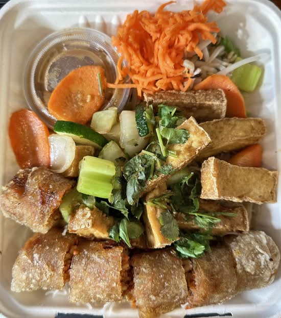 Lemongrass Tofu and Vegetable Vermicelli with Spring Roll