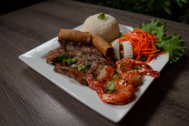 R3. Steamed Rice with BBQ Shrimp, BBQ Pork Chop, and Spring Roll (Com Tom, Suon Nuong, Cha Gio)