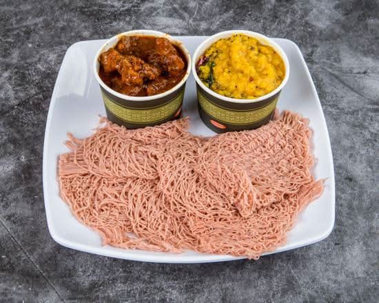 Potato Masala, Curried Red Lentils, sambol & 8 string hoppers