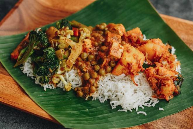 3 Vegetarian Curries on Basmati Rice