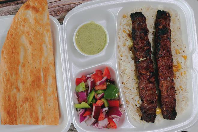 (B) 2 Skewer Shami Kabob, Rice, Salad, Hummus, Chutney & Bread