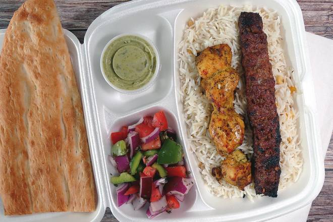(E) Skewer Shami Kabob (1 pc), Skewer Chicken Kabab (1 pc), Rice, Salad, Hummus, Chutney & Bread