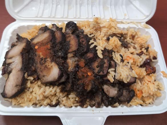 Jerk Pork on Rice and Peas