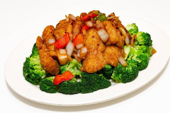 18B. Deep-Fried Fish Slices with Broccoli in Spicy Bean Sauce 碧綠川汁炸魚柳