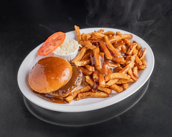 Assiette hamburger chaud avec frites / Hot Hamburger with Fries Plate