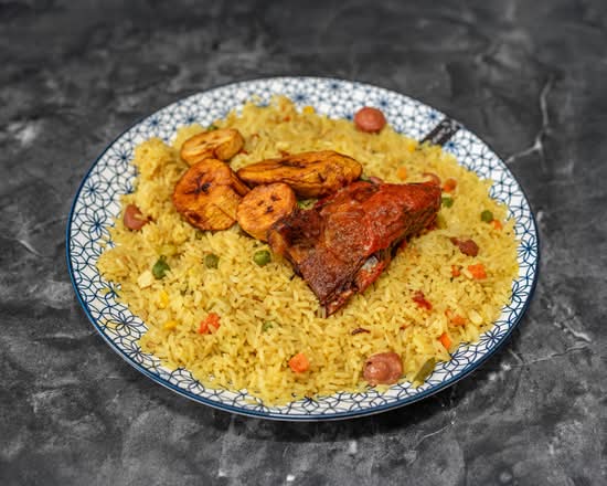 Fried Rice with Fried Plantain and Meat