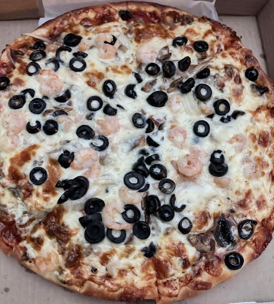 Mushrooms, Green Peppers, Onions, Olive, Shrimp, and Cheese