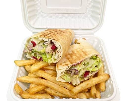 Falafel-Pita-Wrap-Platter - over French Fries
