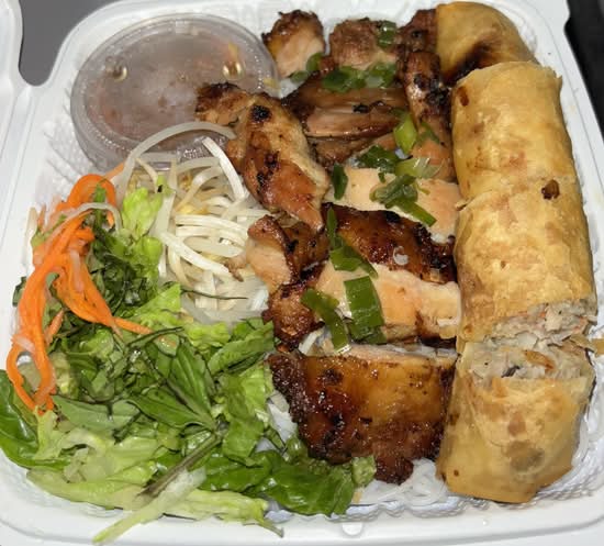 Vermicelli Noodles with Chicken and Fried Spring Rolls (Bun Ga Cha Gio)