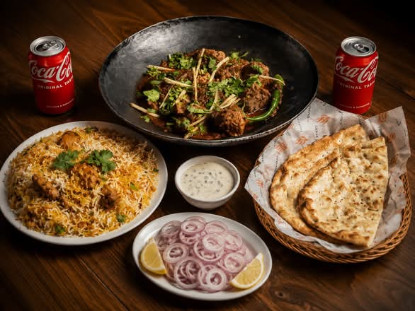 Combo #1 (Half Chicken Karahi, Chicken Biryani , 2 Naans, 2 Cold Drinks, Salad & Raita)