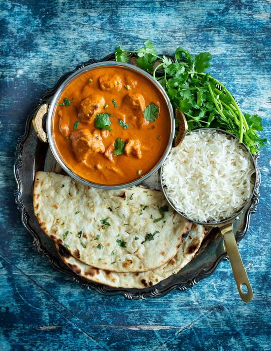 Butter chicken with Garlic Naan and Rice