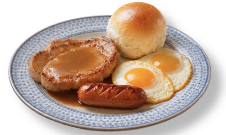Fried Chicken Chop/ Pork Chop, with Toast / Bun / Hash Brown, Scrambled Eggs and Sausage / 煎雞扒/豬扒 配多士/餐包/薯餅,炒蛋香腸