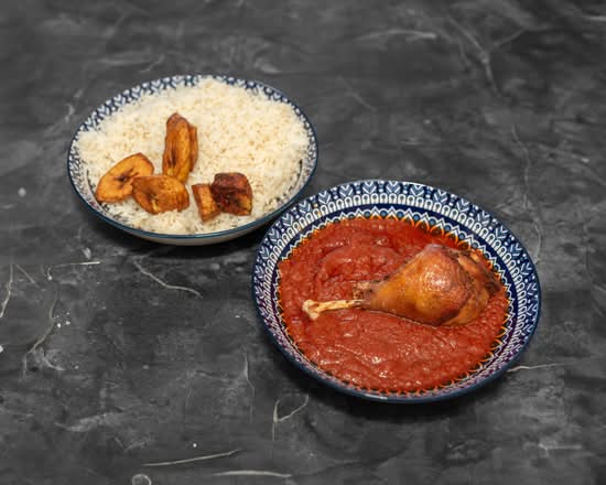 White Rice, Fried Plantain, Ayamase, and Chicken