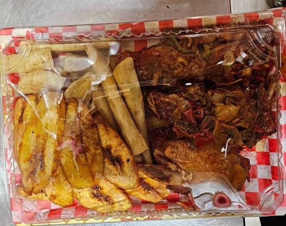 Fried yam +  peppered turkey + plantain