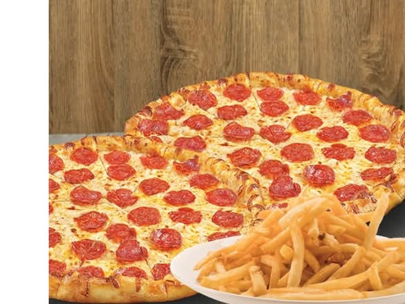 2 Pizzas 14" Toute Garnie + gr frites/ 2 14" All Dressed+french fries Pizzas