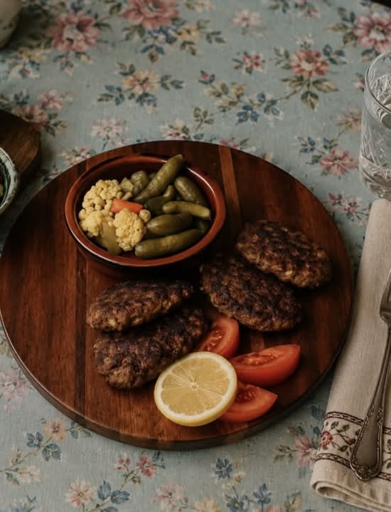 Persian Kotlet Platter with Bread, Fresh Herbs & Pickles