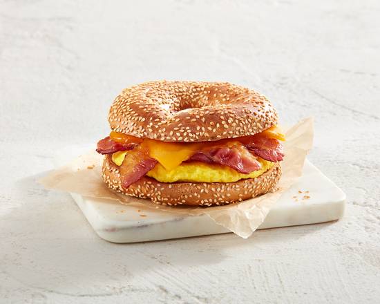 Bacon, egg & cheddar on a Bagel