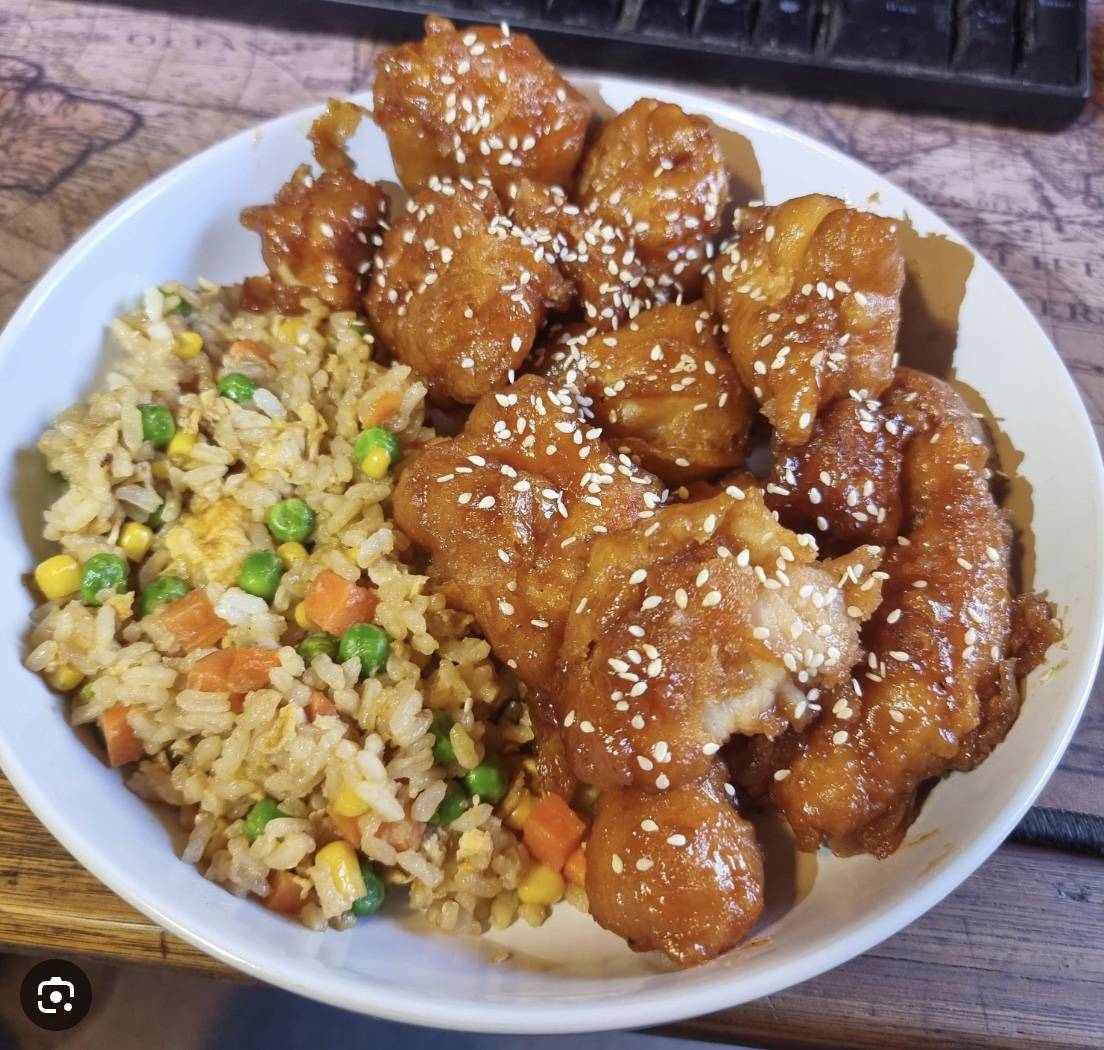 Honey Chicken With Fried Rice and Mixed Vegetables