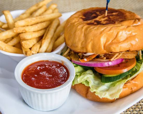 Veggie Noodle Burger with fries