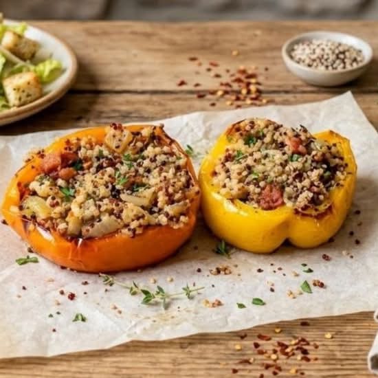 Baked Stuffed Pepper with Quinoa, pork, bacon and caramelized onions