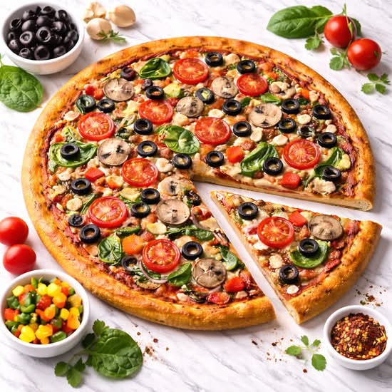 Vegetarian Pizza  |   Toppings: Mushroom, Green Pepper, Tomato.