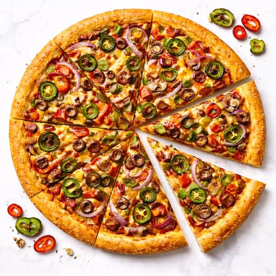 Mexican Pizza  | Toppings: Ground Beef, Onion, Cheddar Cheese, Jalapeno Peppers.