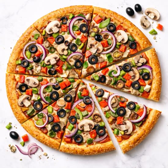 Veggie Lover Pizza | Toppings: Mushroom, Tomato, Onion, Green Pepper, Black Olive