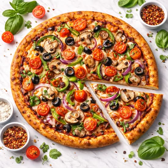 Farmhouse Veggie Pizza    | Garlic Spread Base Sauce | Toppings: Corn, Mushroom, Spinach.