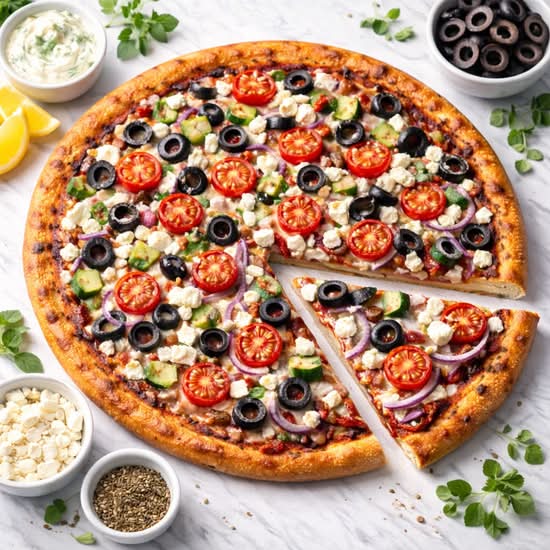 Greek Pizza  |  Toppings: Black Olive, Tomato, Feta Cheese.