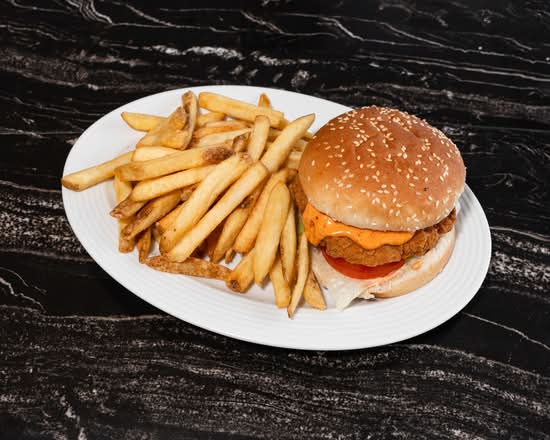Crispy Chicken Burger with fries