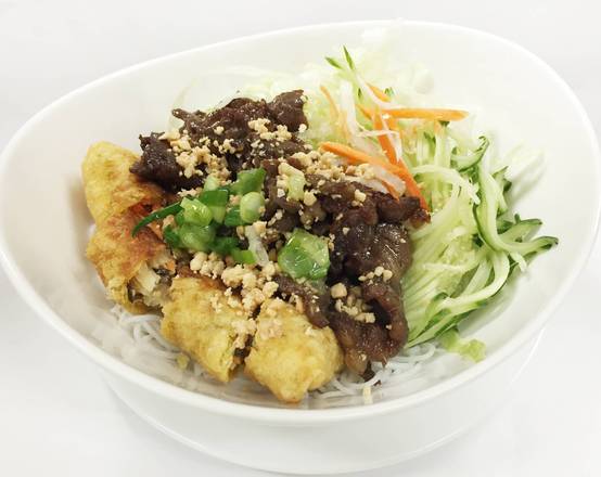 V6. Grilled Beef and Spring Roll On vermicelli