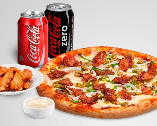 Medium Pizza, 10 Wings, 2 Drinks + 1 Dip