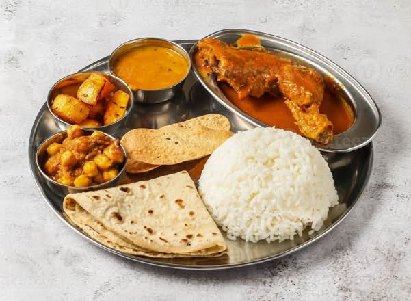Non Veg Thali ( 2 Meats, One Veg, Rice, Raita, Bread, and Dessert)