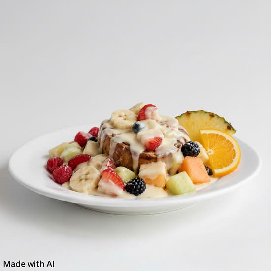 Pains dorés brioche à la cannelle et fruits frais (Cinnamon Roll with Fresh Fruits French Golden Toast)