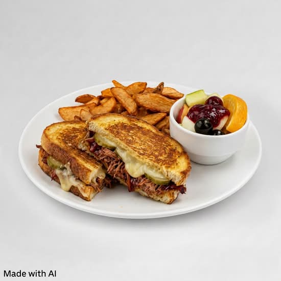 Fromage grille avec viande fumee effiloche, cornichons et fromage suisse (Grilled Cheese with Pulled Smoked Meat, Pickles, and Swiss Cheese)