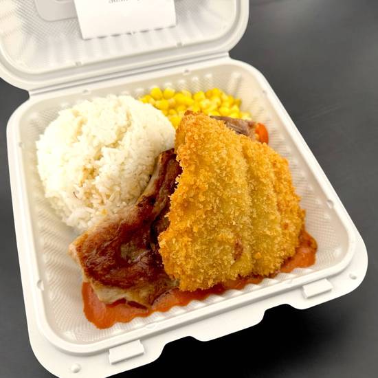 20. Breaded Fish Fillet & Pan-Fried Pork Chop (Rice / Spaghetti) / 吉列魚柳併香煎豬扒飯或意粉