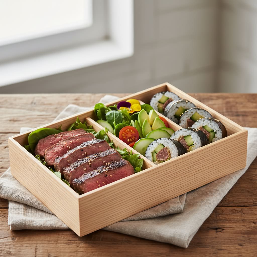 Bento Box - Beef with Salad and Rice Roll