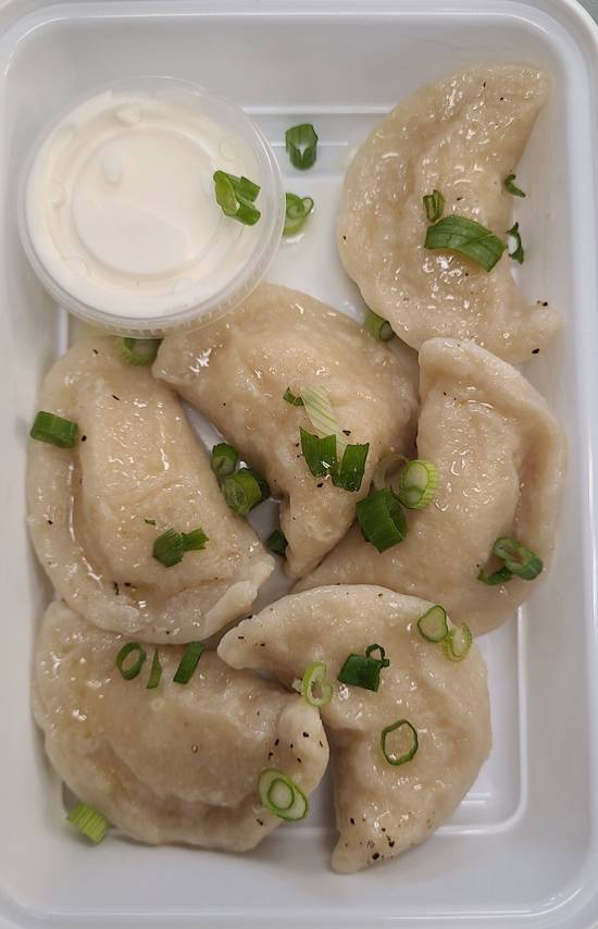 6 Potato , Cheddar, and Onion Perogies with Sour Cream Perogies