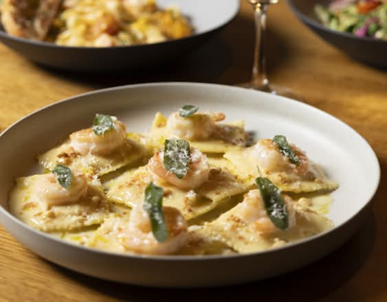 BUTTERNUT SQUASH RAVIOLI WITH PRAWNS