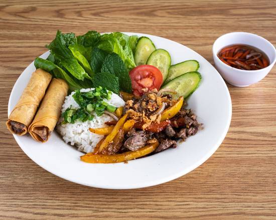 Spicy Sauteed Lemongrass Stir Fry Beef with Spring Rolls