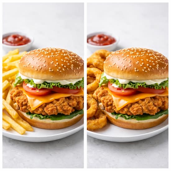 Crispy Chicken Burger with Fries/Onion Rings