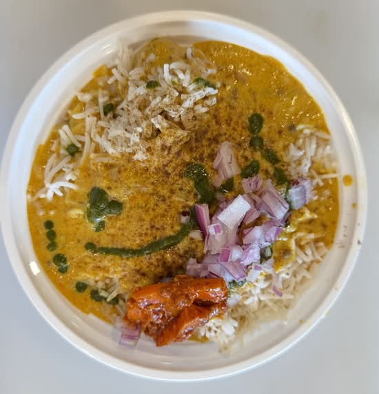 Kadhi Pakora Chawal(Rice) Bowl with pickle and Salad